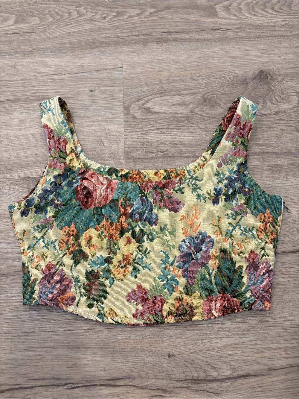 Cider Tapestry Floral Scoop Crop Top - Cream, Green, Red, Yellow - Picture 2 of 3